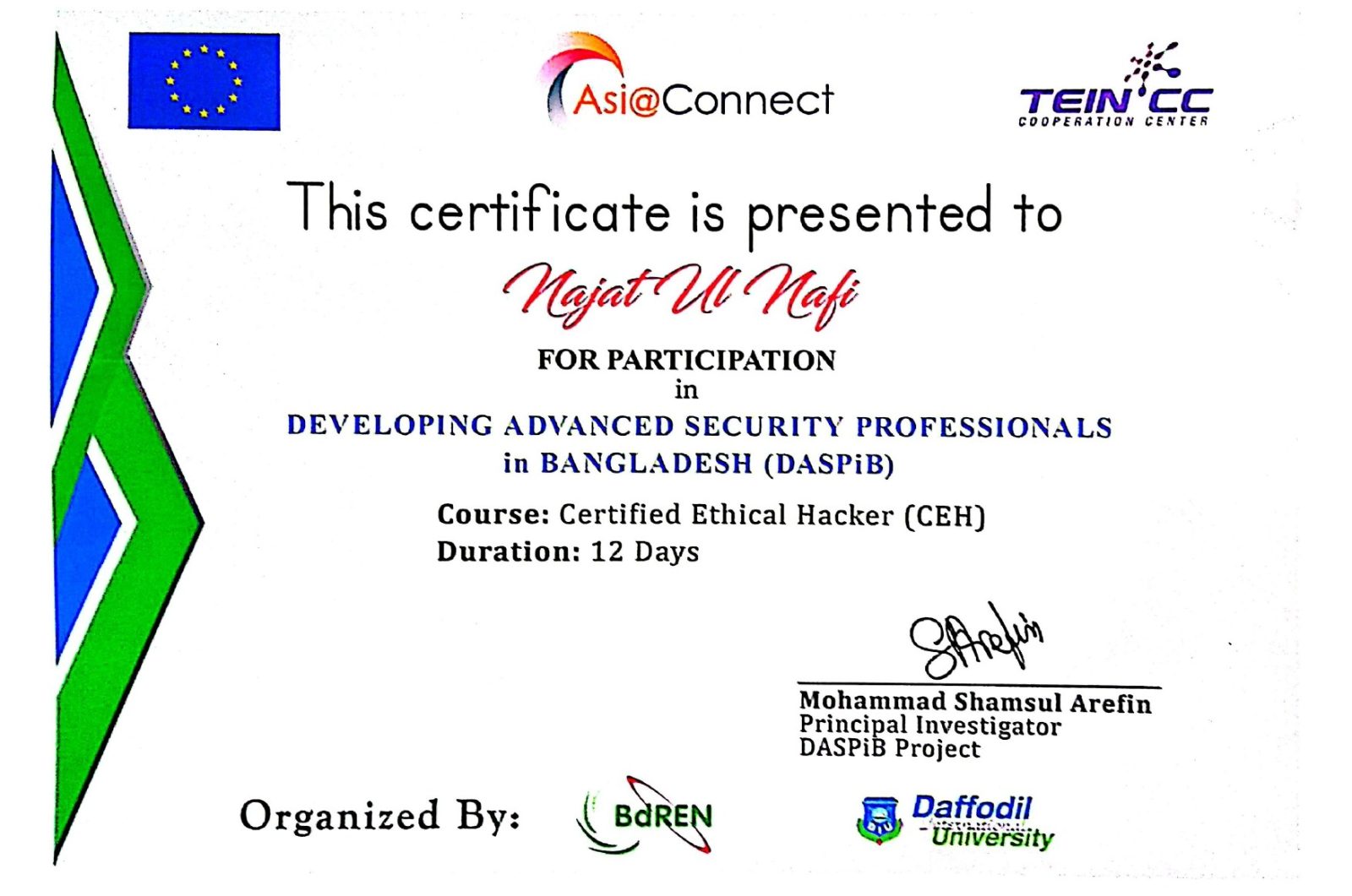 Certified Ethecal Hacker (CEH) Course certificate